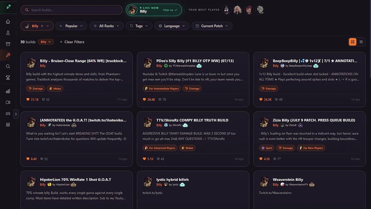 Browse community builds filtered to your live hero, sorted by popularity, rank, and current patch.