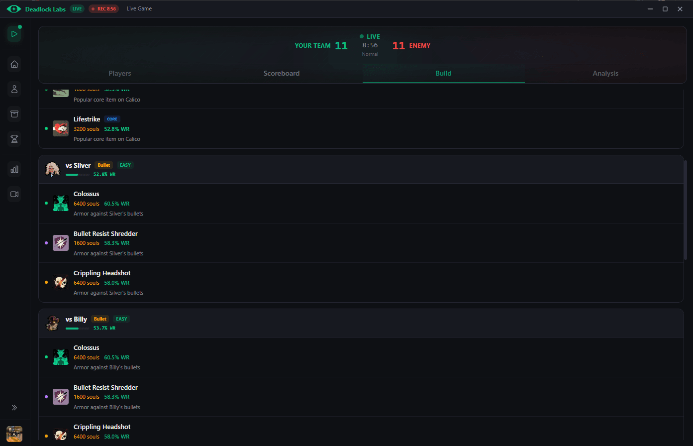 Real-time build recommendations and counter-item suggestions based on the enemy team.
