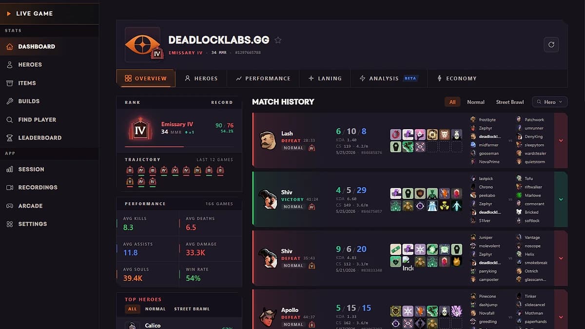 Your player profile with rank progression, match history, and a full performance overview.