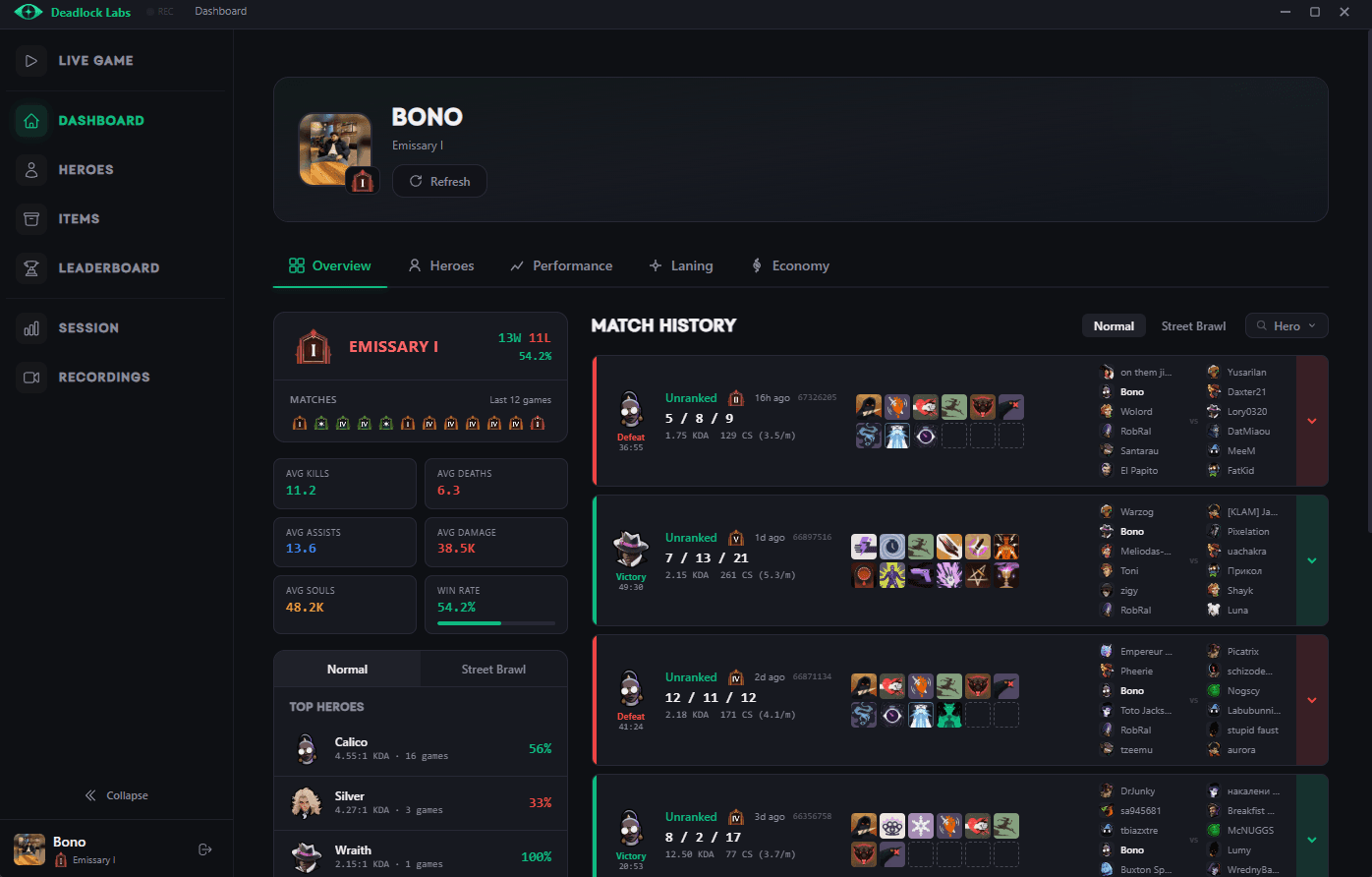 Player profile with rank progression, match history, and performance overview.