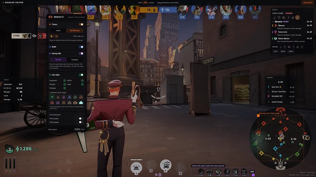 Drag every widget exactly where you want it. Toggle timers, build, enemy ults, and live stats to taste.