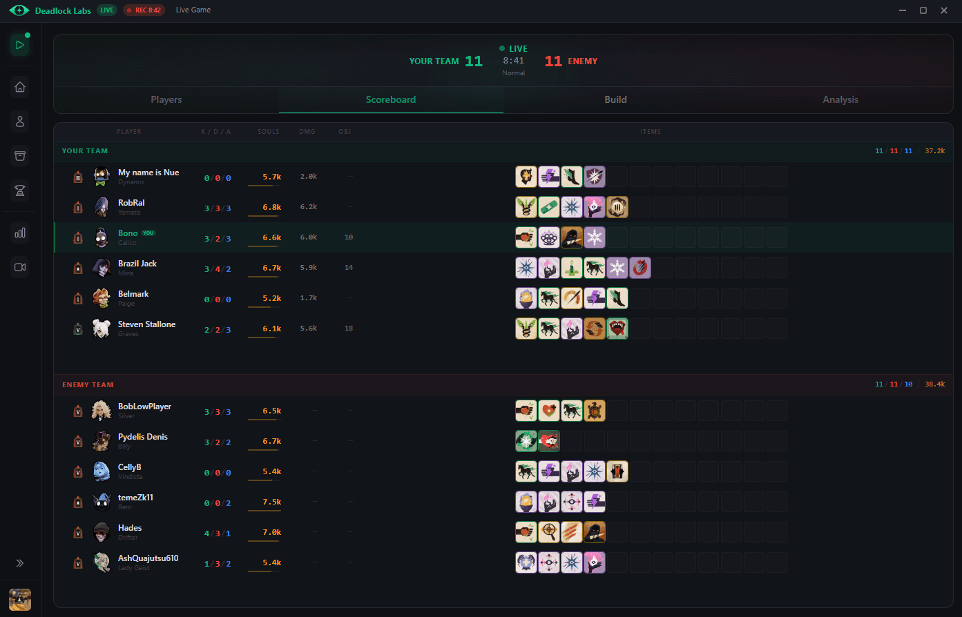 Live scoreboard with full roster, items, and stats for all 12 players.