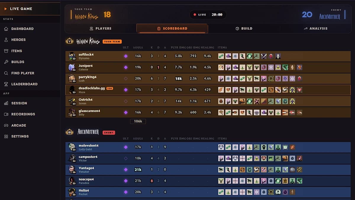 Full live scoreboard with souls, KDA, damage, healing, ultimates, and complete item builds for both teams.