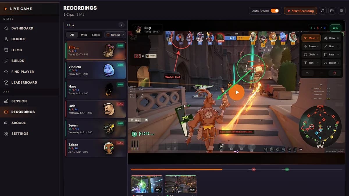 Auto-recorded matches with a kill/death timeline and drawing tools to break down and share your plays.